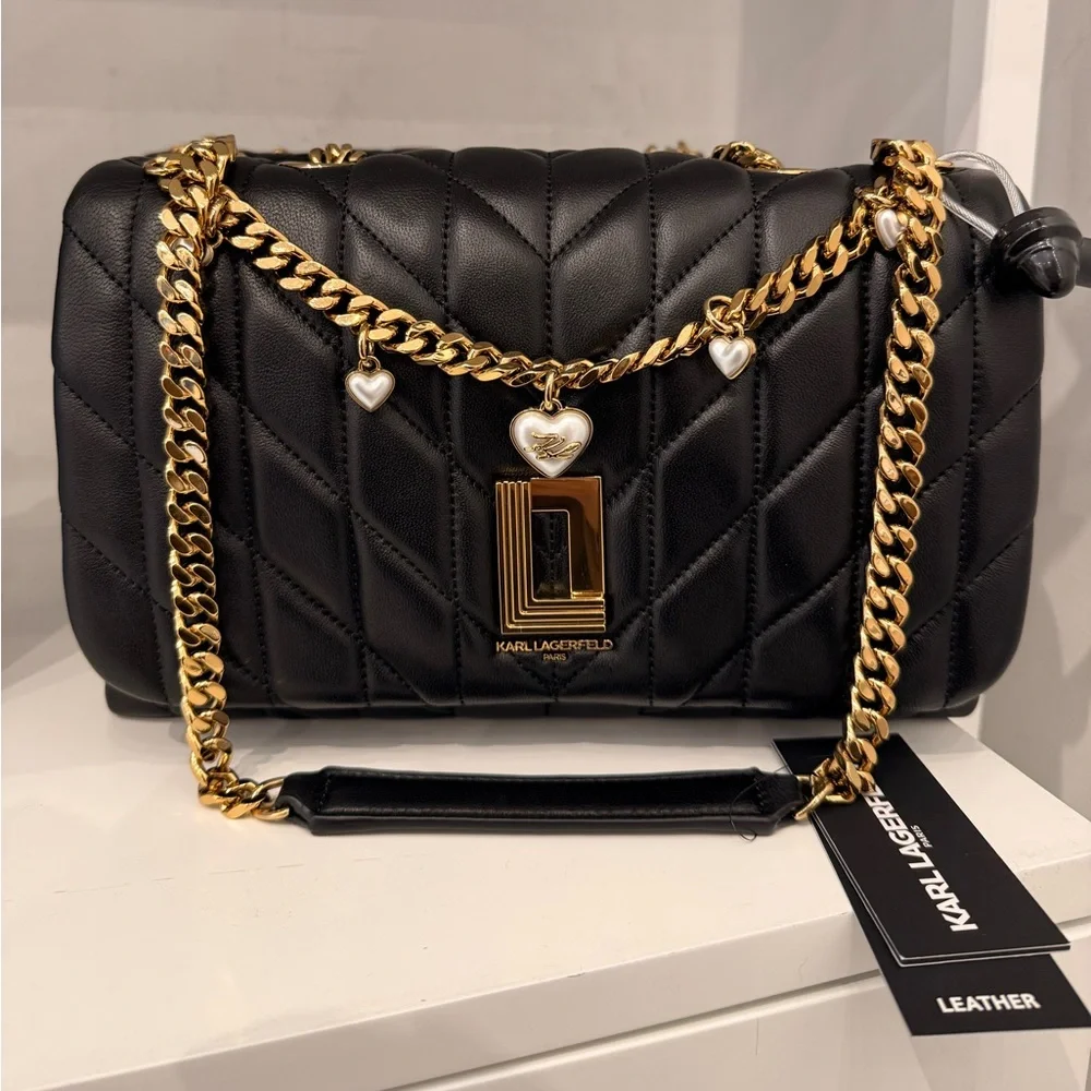 KARL LAGERFELD PARIS Lafayette Quilted Shoulder Bag Black Heart Charm Chain Gold